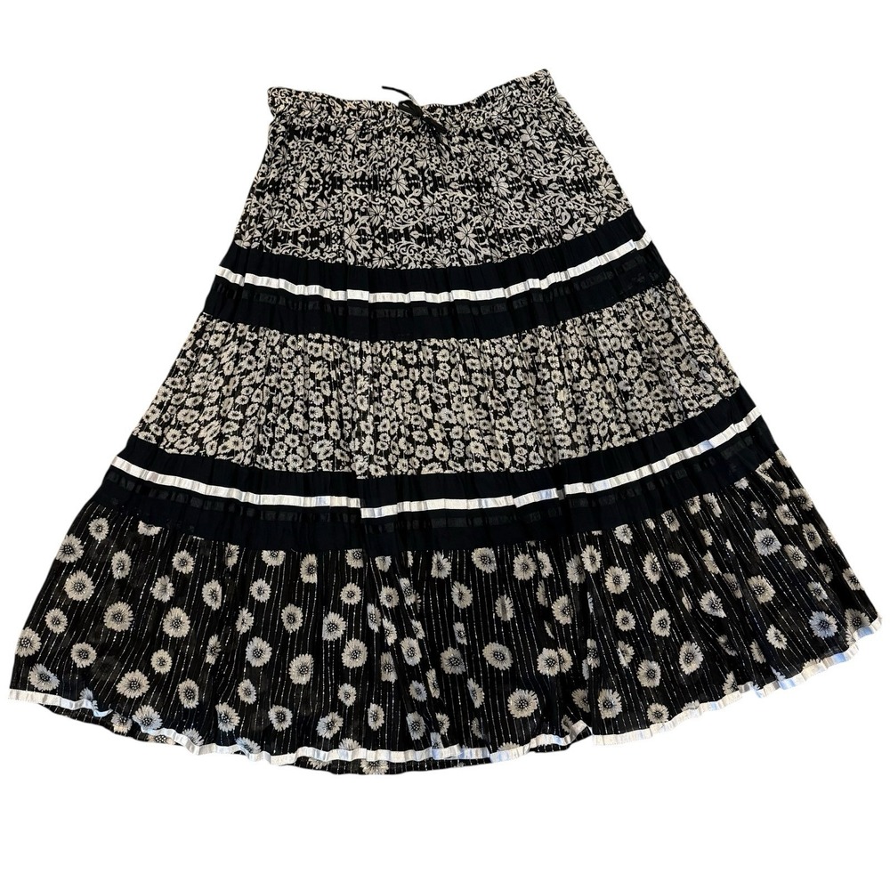 Silver Stream Black White Floral Tiered Broomstick Midi Skirt Peasant Boho Gypsy
